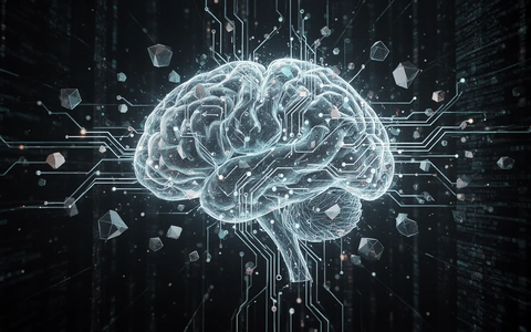Ein stilisiertes, leuchtendes neuronales Netz mit geometrischen Formen, das selbstverbessernde KI und autonome Entwicklung darstellt. - Foto: über boerse-global.de