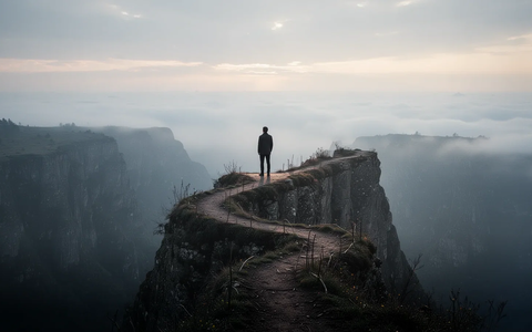 Eine einzelne Figur steht auf einem schmalen Pfad an einem Klippenrand und blickt auf einen weiten, nebligen Horizont. - Foto: über boerse-global.de
