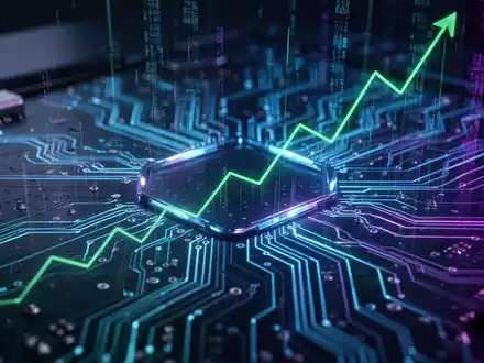 Eine futuristische Platine mit leuchtenden Datenströmen, die KI und finanzielles Wachstum symbolisieren, in tiefen Blau- und Lilatönen. - Foto: über boerse-global.de