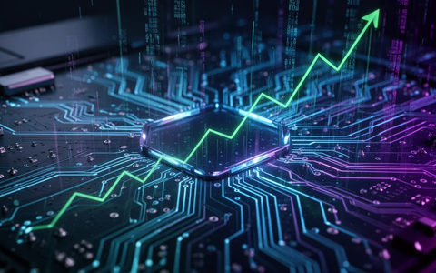 Eine futuristische Platine mit leuchtenden Datenströmen, die KI und finanzielles Wachstum symbolisieren, in tiefen Blau- und Lilatönen. - Foto: über boerse-global.de