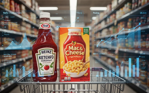 Kraft Heinz Produkt, das Marketing- und Preisstrategien symbolisiert, mit einem unscharfen Hintergrund eines Supermarktes oder Dashboards. - Foto: über boerse-global.de