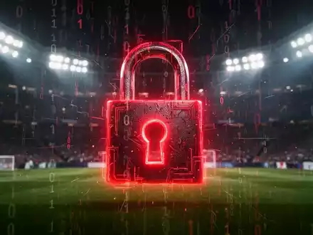 Ein rot leuchtendes digitales Schloss, umgeben von binärem Code und verschwommenen Stadionlichtern, symbolisiert Cyberbetrug vor einem Großereignis. - Foto: über boerse-global.de