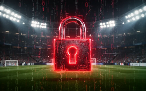 Ein rot leuchtendes digitales Schloss, umgeben von binärem Code und verschwommenen Stadionlichtern, symbolisiert Cyberbetrug vor einem Großereignis. - Foto: über boerse-global.de
