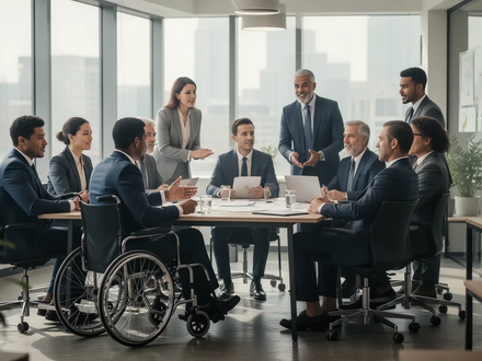 Eine vielfältige Gruppe von Geschäftsleuten, darunter eine Person im Rollstuhl, die an einem Meeting in einem modernen Büro teilnimmt. - Foto: über boerse-global.de