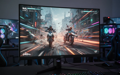 A close-up of a modern 240Hz gaming monitor displaying a vibrant, fast-paced video game scene. - Foto: über boerse-global.de
