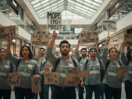 Retail workers holding protest signs in a modern shopping mall, advocating for higher wages. - Foto: über boerse-global.de