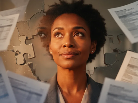 Eine nachdenkliche Frau in ihren 30ern, umgeben von verschwommenen Finanzdokumenten, die eine Lücke in der Altersvorsorge symbolisieren. - Foto: über boerse-global.de