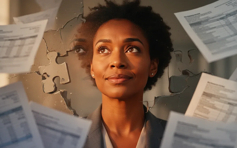 Eine nachdenkliche Frau in ihren 30ern, umgeben von verschwommenen Finanzdokumenten, die eine Lücke in der Altersvorsorge symbolisieren. - Foto: über boerse-global.de