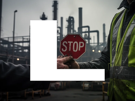 Nahaufnahme der Hand eines Fabrikarbeiters, der ein rotes Stoppschild hält, mit einer Textilfabrik im Hintergrund. - Foto: über boerse-global.de