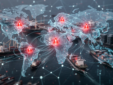 Eine stilisierte digitale Netzwerkgrafik über einer globalen Lieferkette, rote Warnhinweise markieren Schwachstellen. - Foto: über boerse-global.de