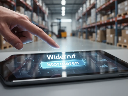 Ein Finger schwebt über einem digitalen Widerrufsbutton auf einem Tablet-Bildschirm, der die neue EU-Regulierung für Online-Händler symbolisiert. - Foto: über boerse-global.de
