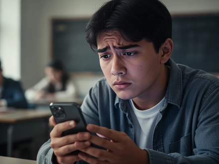 Eine junge Person blickt nachdenklich auf ein Smartphone, im verschwommenen Hintergrund ein Klassenzimmer, das Stress im Bildungsumfeld symbolisiert. - Foto: über boerse-global.de