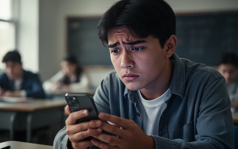 Eine junge Person blickt nachdenklich auf ein Smartphone, im verschwommenen Hintergrund ein Klassenzimmer, das Stress im Bildungsumfeld symbolisiert. - Foto: über boerse-global.de