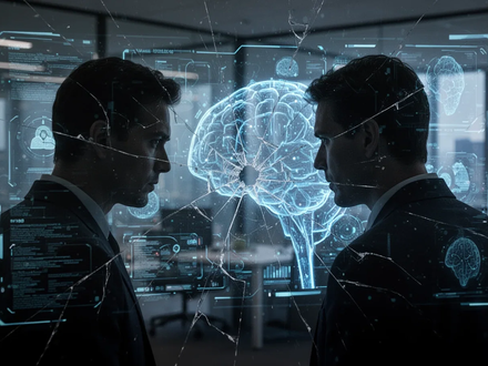 Eine Person betrachtet eine leuchtende, abstrakte KI-Oberfläche mit subtilen Verzerrungen, die psychische Belastung darstellt. - Foto: über boerse-global.de