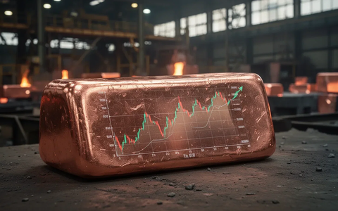 Ein glänzender Kupferbarren mit einer subtil aufsteigenden Kurschart-Reflexion auf seiner Oberfläche in einer Raffinerie. - Foto: über boerse-global.de