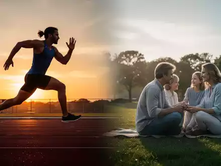 Ein Athlet in dynamischer Bewegung auf einer Laufbahn bei Sonnenuntergang, visuell geteilt mit einer Familie in einem friedlichen Außenbereich. - Foto: über boerse-global.de