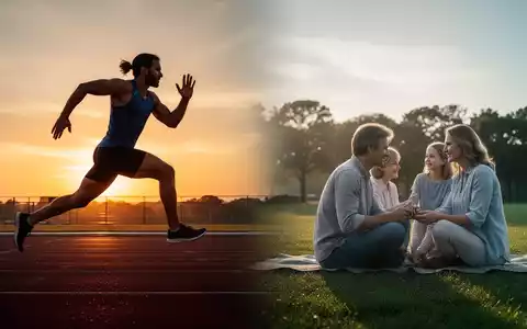 Ein Athlet in dynamischer Bewegung auf einer Laufbahn bei Sonnenuntergang, visuell geteilt mit einer Familie in einem friedlichen Außenbereich. - Foto: über boerse-global.de