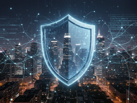 Ein stilisiertes, leuchtendes digitales Schild schützt eine Stadtlandschaft bei Nacht, umgeben von Code-Zeilen und Netzwerkverbindungen. - Foto: über boerse-global.de