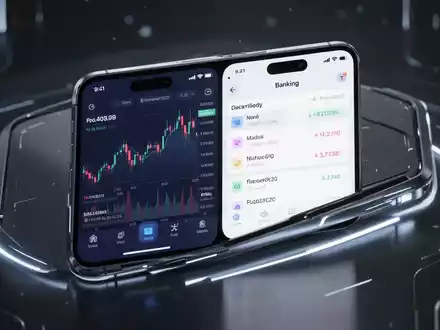 Ein futuristisches iPhone mit geteiltem Bildschirm, das zwei Finanz-Apps nebeneinander anzeigt. - Foto: über boerse-global.de