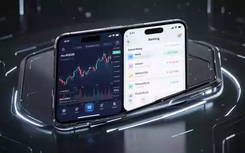 Ein futuristisches iPhone mit geteiltem Bildschirm, das zwei Finanz-Apps nebeneinander anzeigt. - Foto: über boerse-global.de