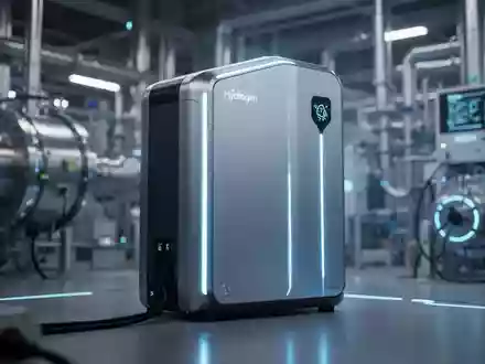 Eine moderne Wasserstoff-Brennstoffzelle mit blauem Licht, umgeben von verschwommenen Industrieanlagen, symbolisiert Innovation und Wachstum. - Foto: über boerse-global.de