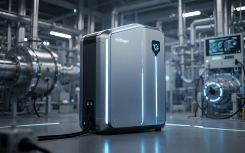 Eine moderne Wasserstoff-Brennstoffzelle mit blauem Licht, umgeben von verschwommenen Industrieanlagen, symbolisiert Innovation und Wachstum. - Foto: über boerse-global.de