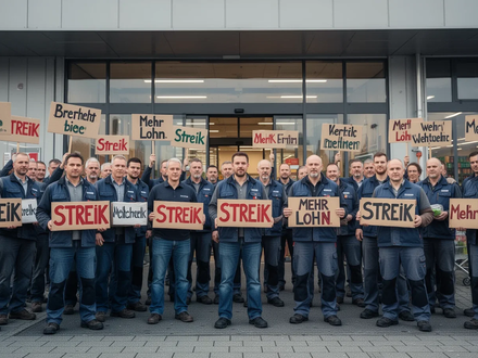 Arbeiter im Einzel- und Großhandel demonstrieren mit Plakaten vor einem modernen Lagerhaus oder Supermarkt. - Foto: über boerse-global.de