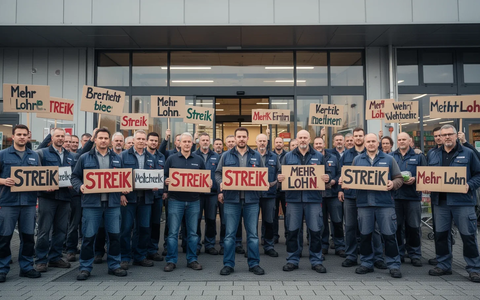 Arbeiter im Einzel- und Großhandel demonstrieren mit Plakaten vor einem modernen Lagerhaus oder Supermarkt. - Foto: über boerse-global.de