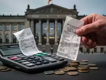 Eine Hand hält einen zerknüllten Kassenbon neben einem Taschenrechner und Münzen, mit einem unscharfen Finanzministerium im Hintergrund. - Foto: über boerse-global.de