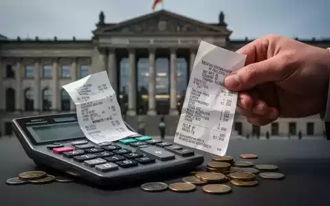 Eine Hand hält einen zerknüllten Kassenbon neben einem Taschenrechner und Münzen, mit einem unscharfen Finanzministerium im Hintergrund. - Foto: über boerse-global.de