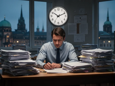 Eine gestresste Lehrkraft sitzt nachts an einem überfüllten Schreibtisch mit Papierstapeln und Blick auf eine Uhr. - Foto: über boerse-global.de