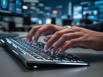Close-up of hands typing quickly on a modern, illuminated keyboard in a blurred office setting, emphasizing efficiency. - Foto: über boerse-global.de
