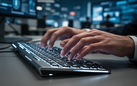 Close-up of hands typing quickly on a modern, illuminated keyboard in a blurred office setting, emphasizing efficiency. - Foto: über boerse-global.de