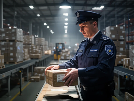 Zollbeamter inspiziert ein Paket in einem Logistikzentrum, um Arbeitsschutz und illegale Beschäftigung im KEP-Sektor zu kontrollieren. - Foto: über boerse-global.de