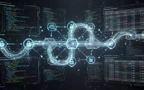 A stylized digital pipeline with glowing data flowing through interconnected nodes, overlaid with abstract code and data tables. - Foto: über boerse-global.de