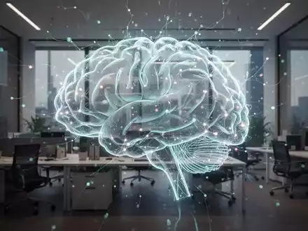 Ein stilisiertes, leuchtendes digitales Gehirn oder neuronales Netz über einem modernen Büroumfeld, das KI-Integration darstellt. - Foto: über boerse-global.de