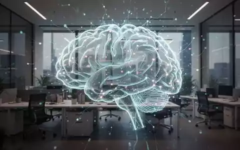 Ein stilisiertes, leuchtendes digitales Gehirn oder neuronales Netz über einem modernen Büroumfeld, das KI-Integration darstellt. - Foto: über boerse-global.de