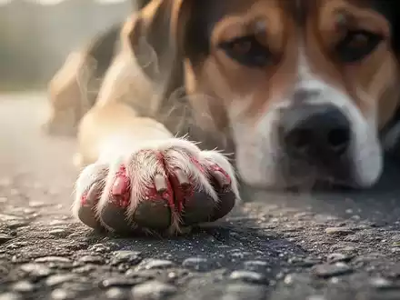 Nahaufnahme einer geröteten Hundepfote auf heissem Asphalt, mit unscharfem Hundegesicht im Hintergrund, das Unbehagen ausdrückt. - Foto: über boerse-global.de