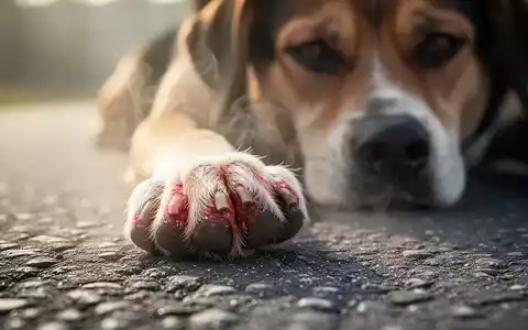 Nahaufnahme einer geröteten Hundepfote auf heissem Asphalt, mit unscharfem Hundegesicht im Hintergrund, das Unbehagen ausdrückt. - Foto: über boerse-global.de