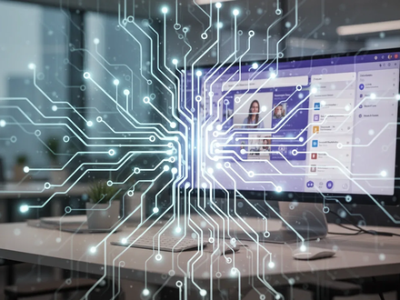 A glowing, abstract AI neural network design overlaid on a modern office screen showing Microsoft Teams, symbolizing AI integration. - Foto: über boerse-global.de