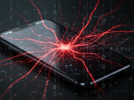Abstrakte Darstellung einer digitalen Sicherheitsbedrohung, rote Linien infiltrieren einen Smartphone-Bildschirm mit binärem Code. - Foto: über boerse-global.de