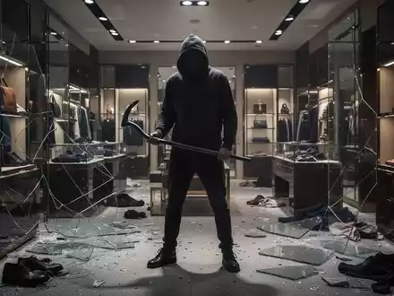 Eine dunkle Gestalt mit Kapuzenpullover und Brecheisen steht in einem verwüsteten Luxusgeschäft mit zerbrochenem Glas und verstreuter Ware. - Foto: über boerse-global.de