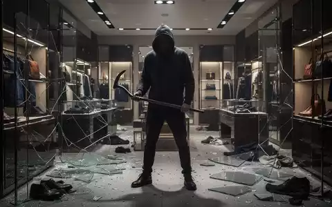 Eine dunkle Gestalt mit Kapuzenpullover und Brecheisen steht in einem verwüsteten Luxusgeschäft mit zerbrochenem Glas und verstreuter Ware. - Foto: über boerse-global.de