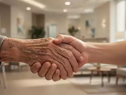 Eine ältere Hand hält sanft eine jüngere Hand, im Hintergrund verschwommen eine moderne Pflegeeinrichtung. Symbolisiert Unterstützung bei Demenz. - Foto: über boerse-global.de