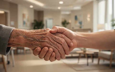 Eine ältere Hand hält sanft eine jüngere Hand, im Hintergrund verschwommen eine moderne Pflegeeinrichtung. Symbolisiert Unterstützung bei Demenz. - Foto: über boerse-global.de