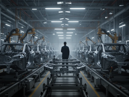 Ein Fabrikinterieur mit einem Arbeiter, der auf eine Montagelinie für Elektrofahrzeugkomponenten blickt, was Unsicherheit symbolisiert. - Foto: über boerse-global.de