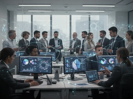 Mitarbeiter in einem modernen Büro, die Bildschirme mit Datenvisualisierungen betrachten und miteinander diskutieren, mit subtilen leuchtenden Linien, die sie verbinden. - Foto: über boerse-global.de