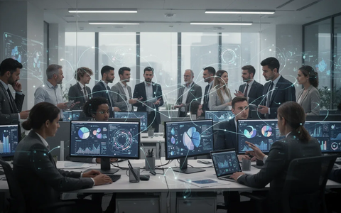 Mitarbeiter in einem modernen Büro, die Bildschirme mit Datenvisualisierungen betrachten und miteinander diskutieren, mit subtilen leuchtenden Linien, die sie verbinden. - Foto: über boerse-global.de