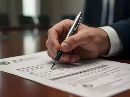 Eine Hand hält einen Stift über einem Dokument, das an einen Stimmzettel oder ein offizielles Formular erinnert, in einem Büro. - Foto: über boerse-global.de