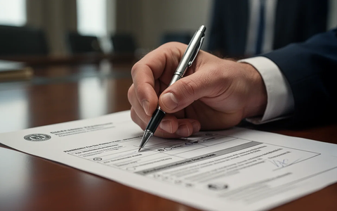 Eine Hand hält einen Stift über einem Dokument, das an einen Stimmzettel oder ein offizielles Formular erinnert, in einem Büro. - Foto: über boerse-global.de